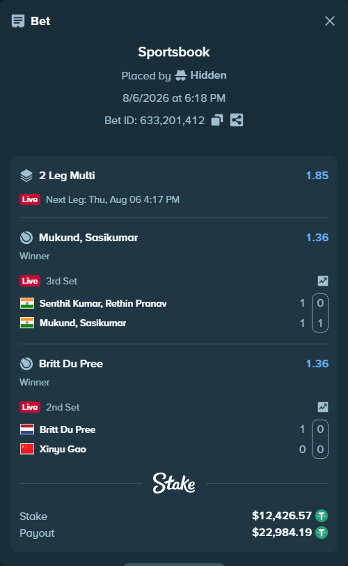 Bet slip: Britt Du Pree - Xinyu Gao, $12,439.00 stake at 1.36 odds, placed by Hidden