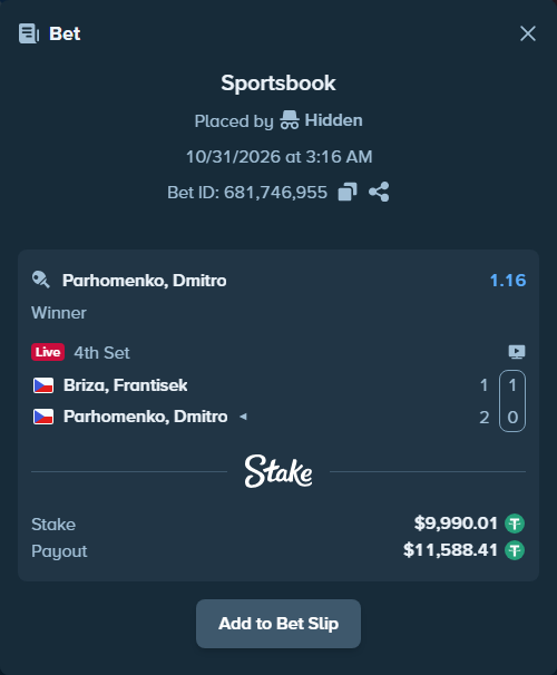 Bet slip: Briza, Frantisek - Parhomenko, Dmitro, $10,000.00 stake at 1.16 odds, placed by Hidden