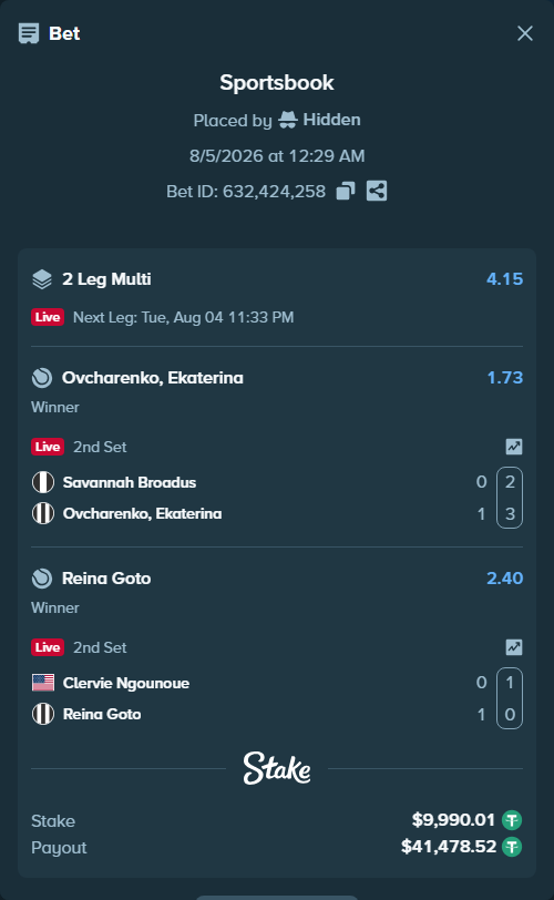 Bet slip: Broadus, S - Ovcharenko, Ekaterina, $10,000.00 stake at 1.73 odds, placed by Hidden