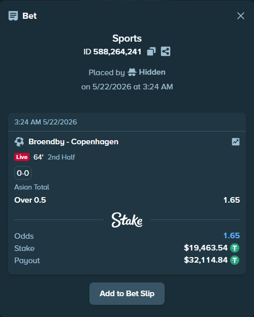 Bet slip: Broendby - Copenhagen, $19,483.00 stake at 1.65 odds, placed by Hidden