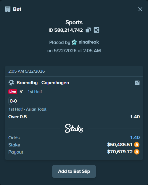 Bet slip: Broendby - Copenhagen, $42,123.10 stake at 1.40 odds, placed by ninafreak