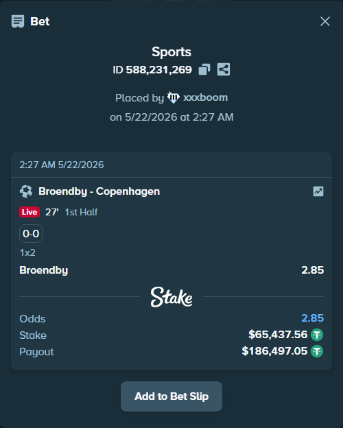 Bet slip: Broendby - Copenhagen, $65,503.00 stake at 2.85 odds, placed by xxxboom