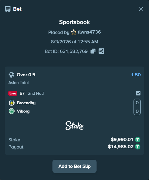 Bet slip: Broendby - Viborg, $10,000.00 stake at 1.50 odds, placed by tlwns4736