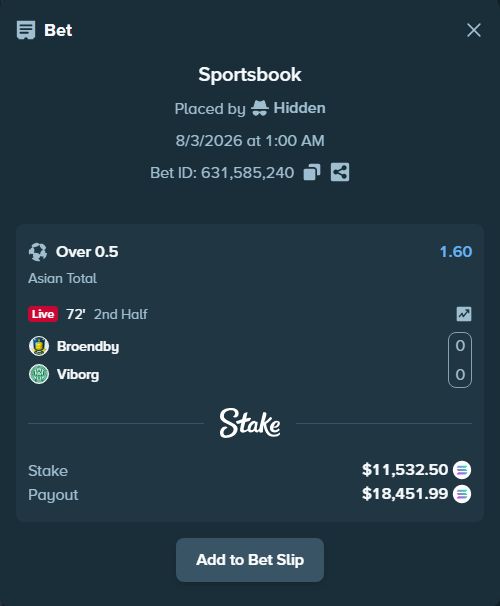 Bet slip: Broendby - Viborg, $11,464.75 stake at 1.60 odds, placed by Hidden