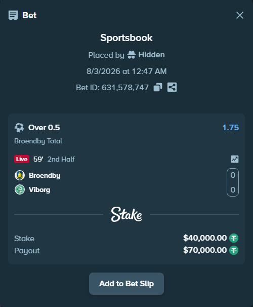 Bet slip: Broendby - Viborg, $40,040.00 stake at 1.75 odds, placed by Hidden
