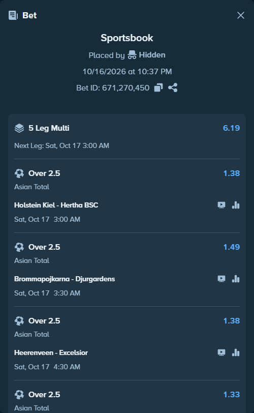Bet slip: Brommapojkarna - Djurgardens, $68,946.94 stake at 1.49 odds, placed by Hidden