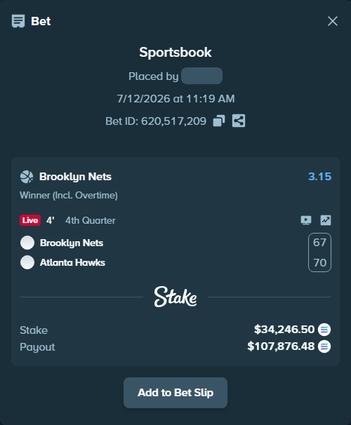 Bet slip: Brooklyn Nets - Atlanta Hawks, $32,502.33 stake at 3.15 odds, placed by Prettylfacko98