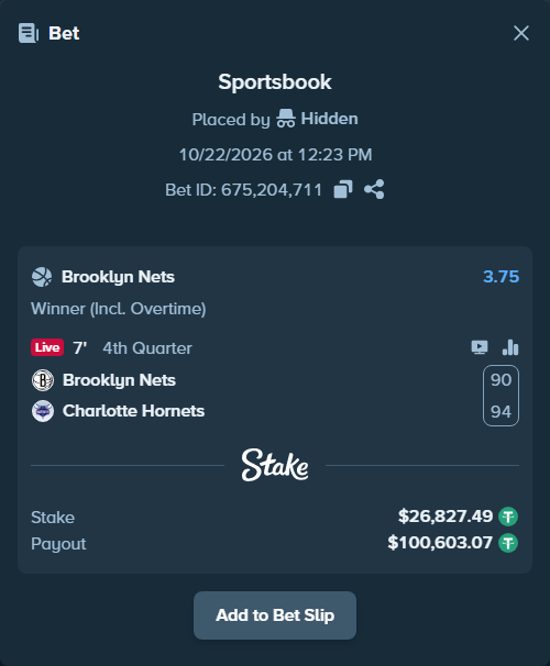 Bet slip: Brooklyn Nets - Charlotte Hornets, $26,854.31 stake at 3.75 odds, placed by Amineelantari