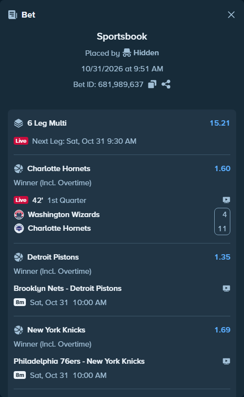 Bet slip: Brooklyn Nets - Detroit Pistons, $10,010.00 stake at 1.35 odds, placed by Hidden