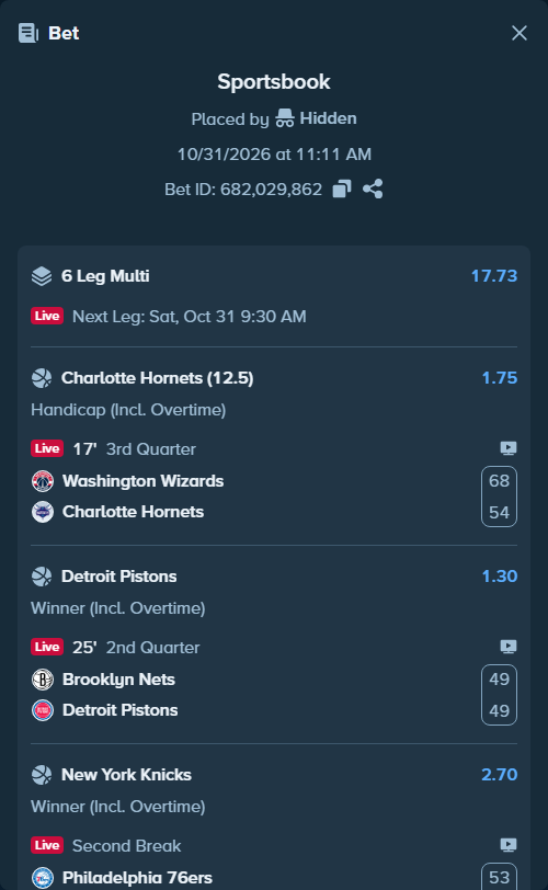 Bet slip: Brooklyn Nets - Detroit Pistons, $10,010.00 stake at 1.30 odds, placed by Hidden