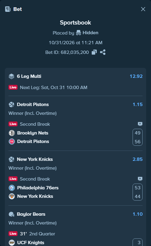 Bet slip: Brooklyn Nets - Detroit Pistons, $10,010.00 stake at 1.15 odds, placed by Hidden