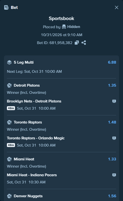 Bet slip: Brooklyn Nets - Detroit Pistons, $25,025.00 stake at 1.35 odds, placed by Hidden