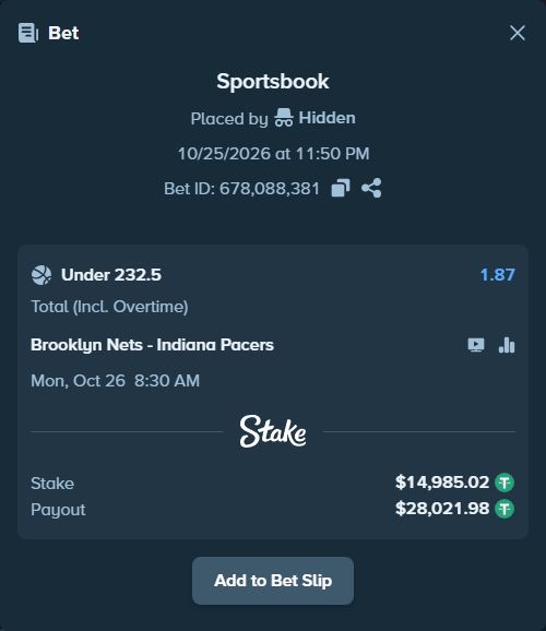 Bet slip: Brooklyn Nets - Indiana Pacers, $15,000.00 stake at 1.87 odds, placed by Hidden