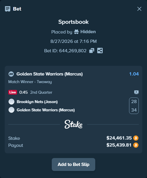 Bet slip: Brooklyn Nets (Jason) - Golden State Warriors (Marcus), $24,234.37 stake at 1.04 odds, placed by Hidden