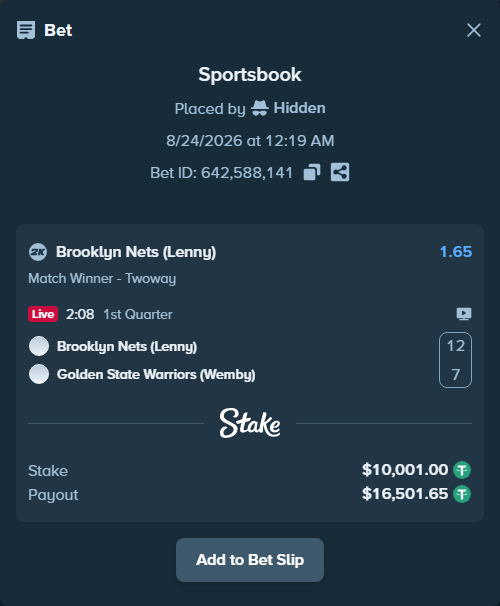 Bet slip: Brooklyn Nets (Lenny) - Golden State Warriors (Wemby), $10,000.00 stake at 1.65 odds, placed by Hidden