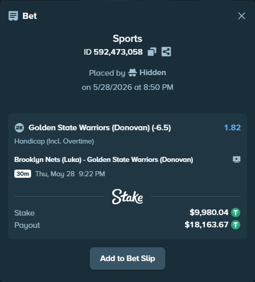 Bet slip: Brooklyn Nets (Luka) - Golden State Warriors (Donovan), $10,000.00 stake at 1.82 odds, placed by Hidden