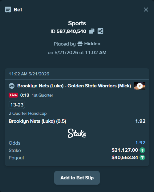 Bet slip: Brooklyn Nets (Luka) - Golden State Warriors (Mick), $21,148.13 stake at 1.92 odds, placed by Hidden
