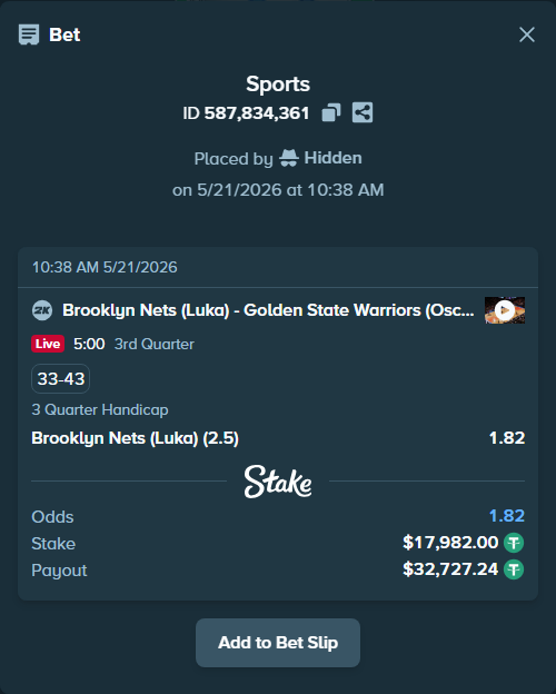 Bet slip: Brooklyn Nets (Luka) - Golden State Warriors (Oscar), $17,999.98 stake at 1.82 odds, placed by Hidden