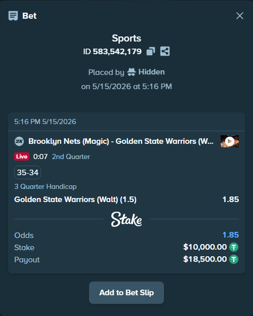 Bet slip: Brooklyn Nets (Magic) - Golden State Warriors (Walt), $10,000.00 stake at 1.85 odds, placed by Hidden