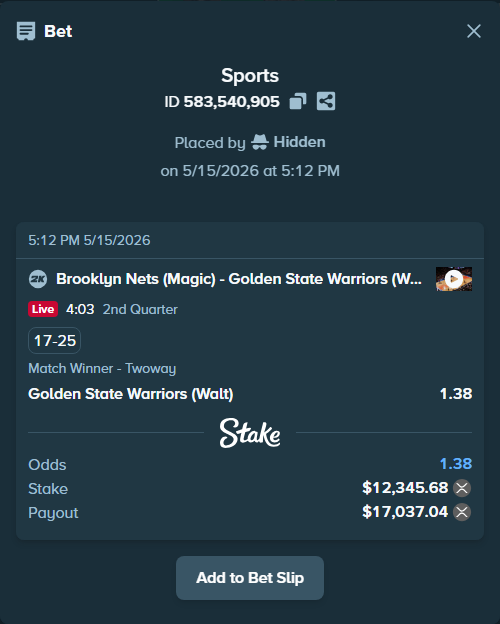 Bet slip: Brooklyn Nets (Magic) - Golden State Warriors (Walt), $9,660.00 stake at 1.38 odds, placed by Hidden