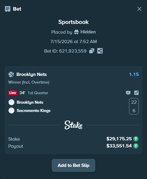 Bet slip: Brooklyn Nets - Sacramento Kings, $29,204.43 stake at 1.15 odds, placed by Hidden
