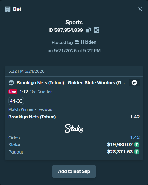 Bet slip: Brooklyn Nets (Tatum) - Golden State Warriors (Zion), $20,000.00 stake at 1.42 odds, placed by Hidden