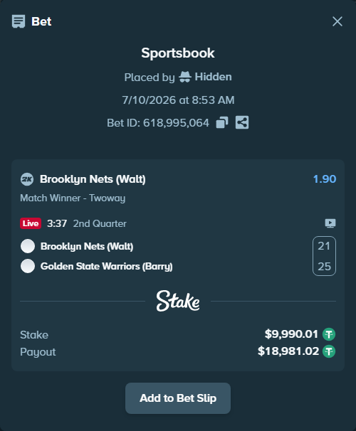 Bet slip: Brooklyn Nets (Walt) - Golden State Warriors (Barry), $10,000.00 stake at 1.90 odds, placed by Hidden