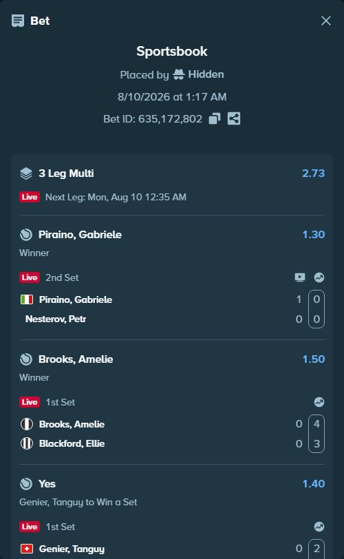 Bet slip: Brooks, Amelie - Blackford, Ellie, $11,720.00 stake at 1.50 odds, placed by Hidden