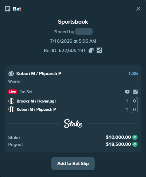 Bet slip: Brooks M / Haverlag I - Kobori M / Plipuech P, $10,000.00 stake at 1.85 odds, placed by WinTr10