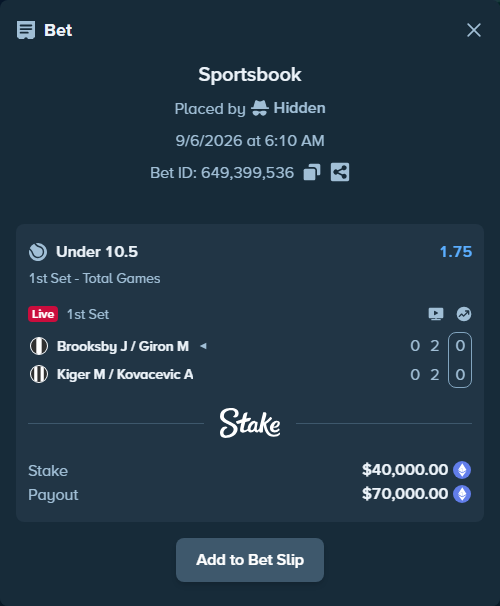 Bet slip: Brooksby J / Giron M - Kiger M / Kovacevic A, $40,160.56 stake at 1.75 odds, placed by Hidden