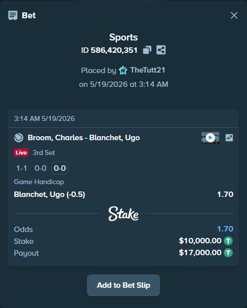 Bet slip: Broom, Charles - Blanchet, Ugo, $10,010.00 stake at 1.70 odds, placed by TheTutt21