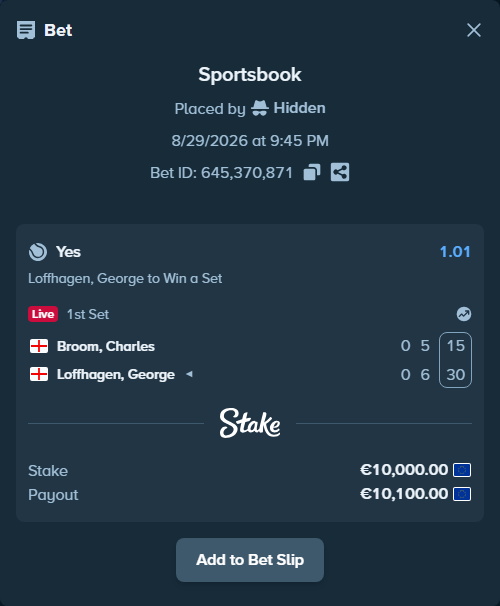 Bet slip: Broom, Charles - Loffhagen, George, $10,800.00 stake at 1.01 odds, placed by Hidden