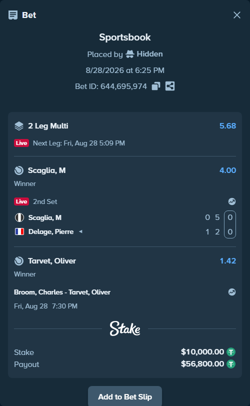 Bet slip: Broom, Charles - Tarvet, Oliver, $10,000.00 stake at 1.42 odds, placed by Hidden