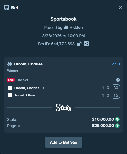 Bet slip: Broom, Charles - Tarvet, Oliver, $10,000.00 stake at 2.50 odds, placed by Hidden