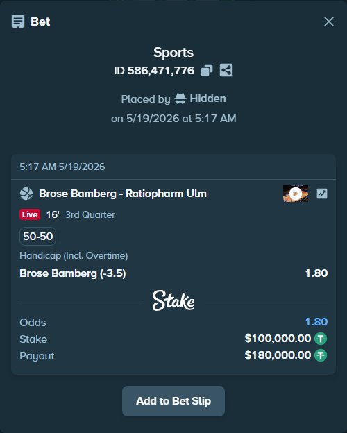 Bet slip: Brose Bamberg - Ulm Basketball, $100,100.00 stake at 1.80 odds, placed by Hidden