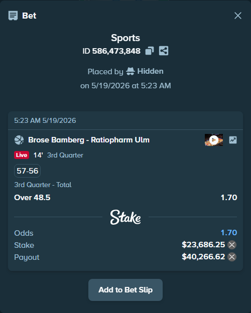 Bet slip: Brose Bamberg - Ulm Basketball, $19,696.65 stake at 1.70 odds, placed by Hidden
