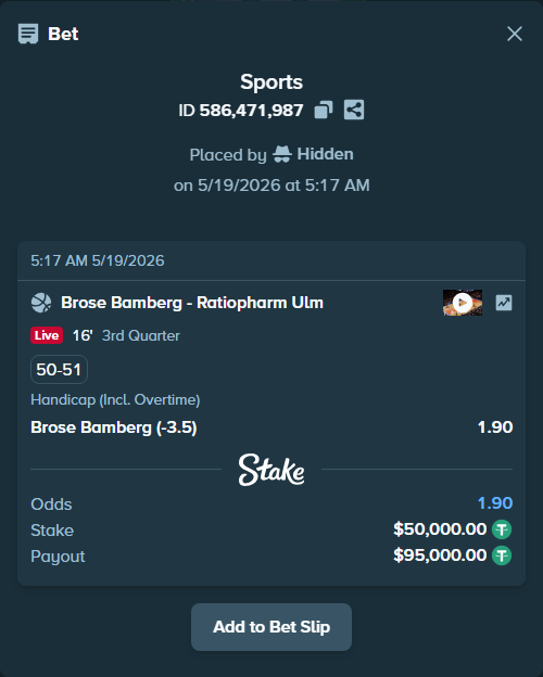 Bet slip: Brose Bamberg - Ulm Basketball, $50,050.00 stake at 1.90 odds, placed by Hidden