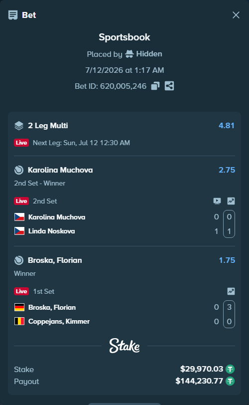Bet slip: Broska, Florian - Coppejans, Kimmer, $30,000.00 stake at 1.75 odds, placed by Hidden
