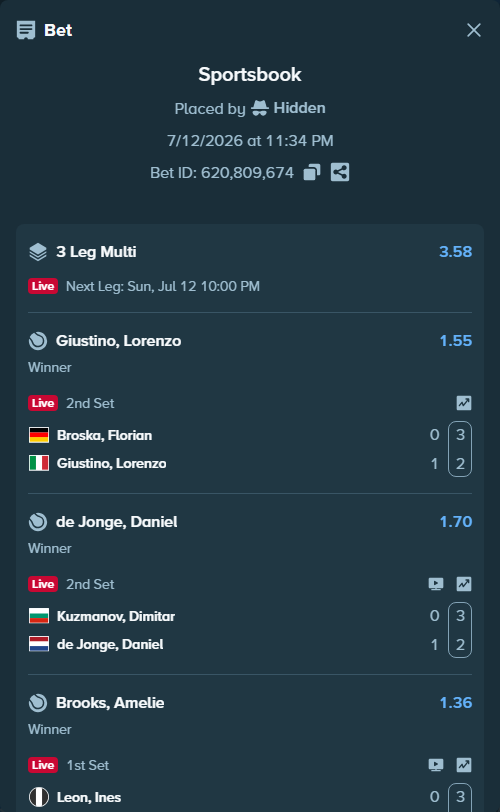 Bet slip: Broska, Florian - Giustino, Lorenzo, $17,164.00 stake at 1.55 odds, placed by Hidden
