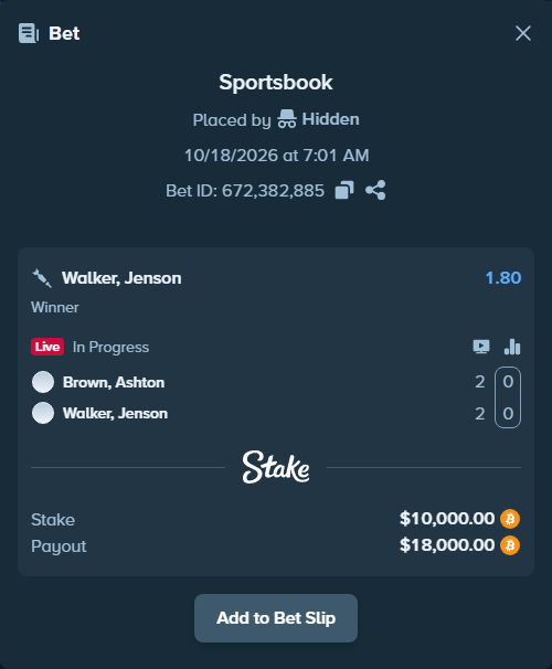Bet slip: Brown, Ashton - Walker, Jenson, $9,945.20 stake at 1.80 odds, placed by Hidden