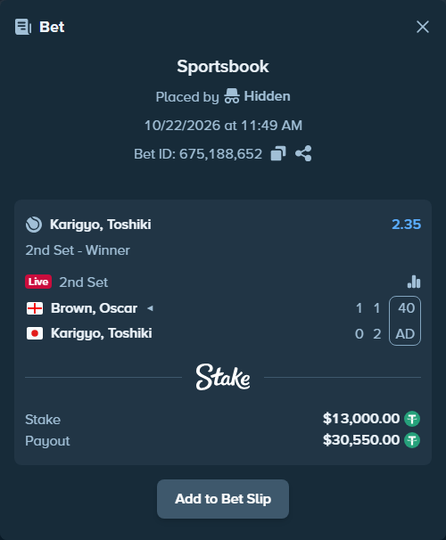Bet slip: Brown, Oscar - Karigyo, Toshiki, $13,013.00 stake at 2.35 odds, placed by Hidden