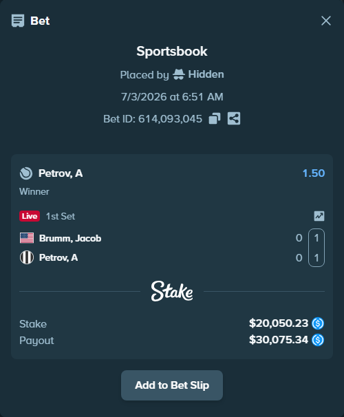 Bet slip: Brumm, Jacob - Petrov, A, $20,050.23 stake at 1.50 odds, placed by Hidden