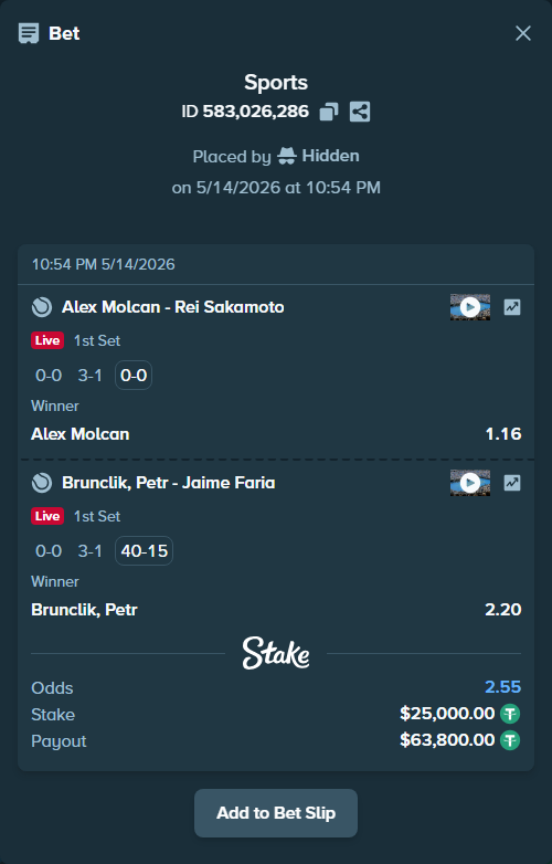 Bet slip: Brunclik, Petr - Jaime Faria, $25,000.00 stake at 2.20 odds, placed by Hidden