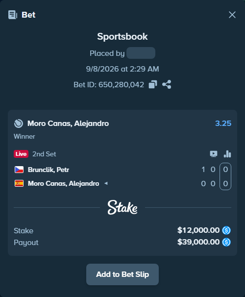 Bet slip: Brunclik, Petr - Moro Canas, Alejandro, $12,000.00 stake at 3.25 odds, placed by kuwkuw