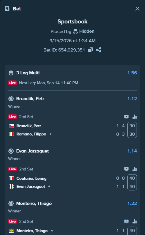 Bet slip: Brunclik, Petr - Romano, Filippo, $15,496.31 stake at 1.12 odds, placed by Hidden