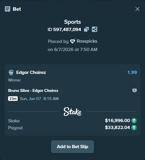 Bet slip: Bruno Silva - Edgar Chairez, $16,996.00 stake at 1.99 odds, placed by Rosspicks