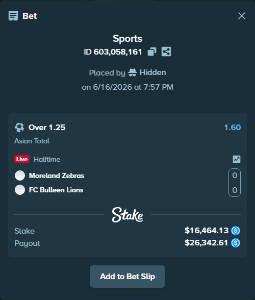 Bet slip: Brunswick Juventus FC - FC Bulleen Lions, $16,464.13 stake at 1.60 odds, placed by Hidden