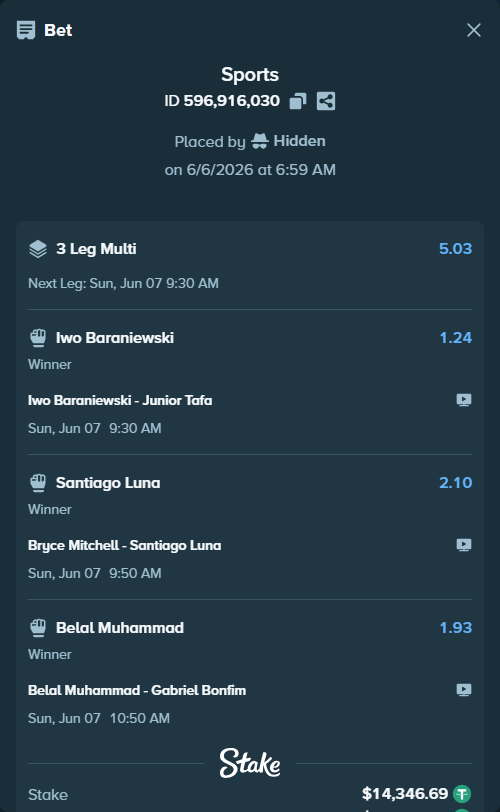 Bet slip: Bryce Mitchell - Luna, Santiago, $14,346.69 stake at 2.10 odds, placed by Hidden