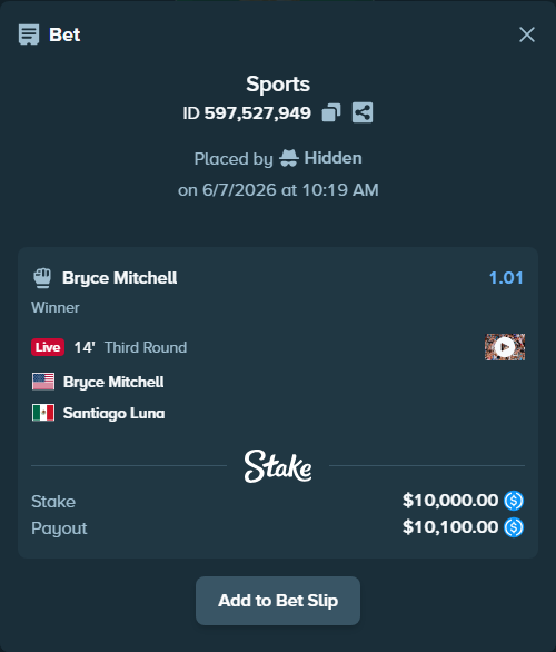 Bet slip: Bryce Mitchell - Santiago Luna, $10,000.00 stake at 1.01 odds, placed by Hidden