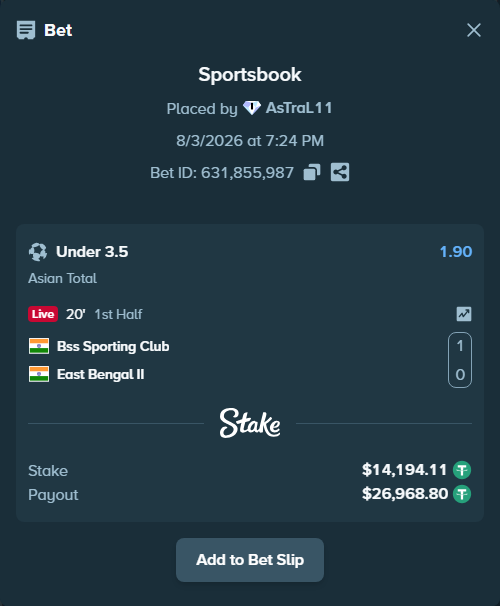 Bet slip: Bss Sporting Club - East BengaL FC Reserves, $14,208.30 stake at 1.90 odds, placed by AsTraL11